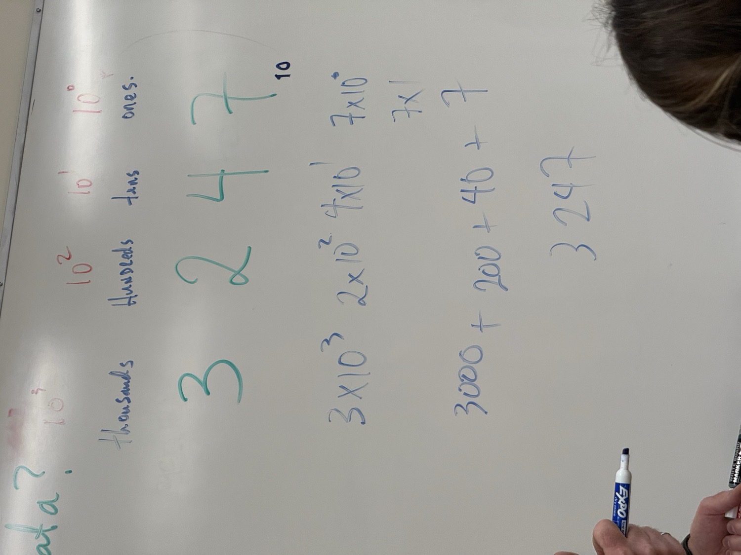 Mr. Doig’s whiteboard expansion of 3,247 into powers of ten